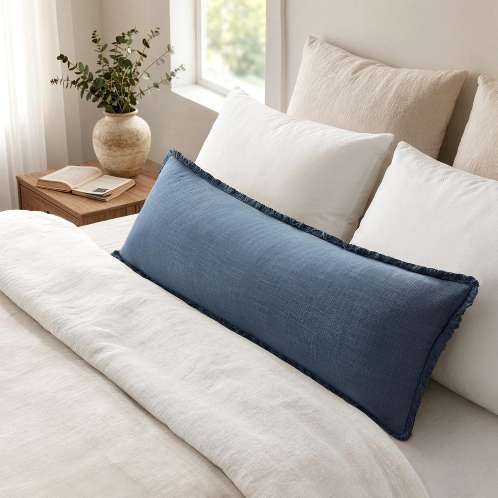 MIULEE 14x36 Long Linen Fringe Lumbar Pillow Covers Set of 1 Blue Ashes