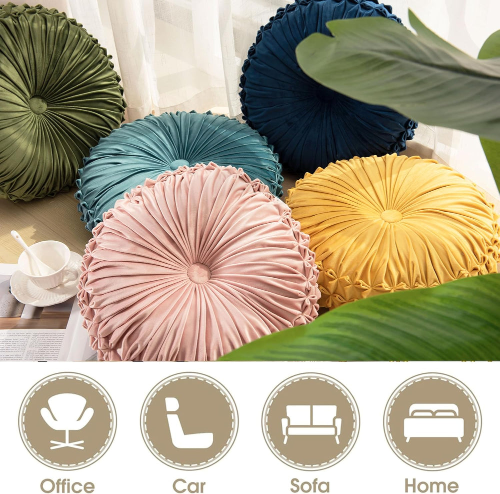 Round Throw Pillow Set of 2 – Decorative Velvet Ruched Pumpkin Pillows with B...