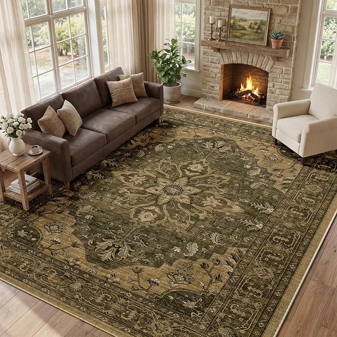 Area Rugs 9'x12' Washable Non-Slip, Floral Vintage Distress Print Pattern by RELEANY