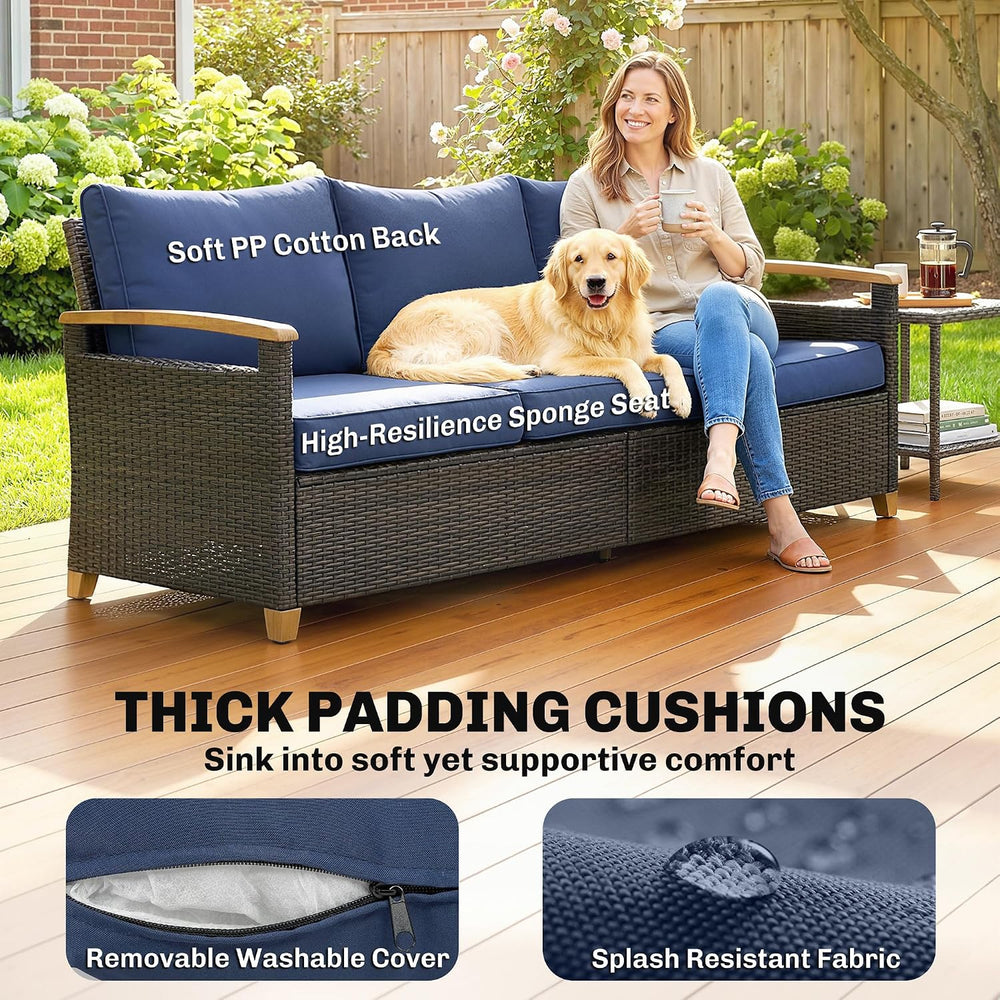 Outsunny 3 Seater Outdoor Couch Sofa PE Wicker 4" Foam Cushions Dark Blue