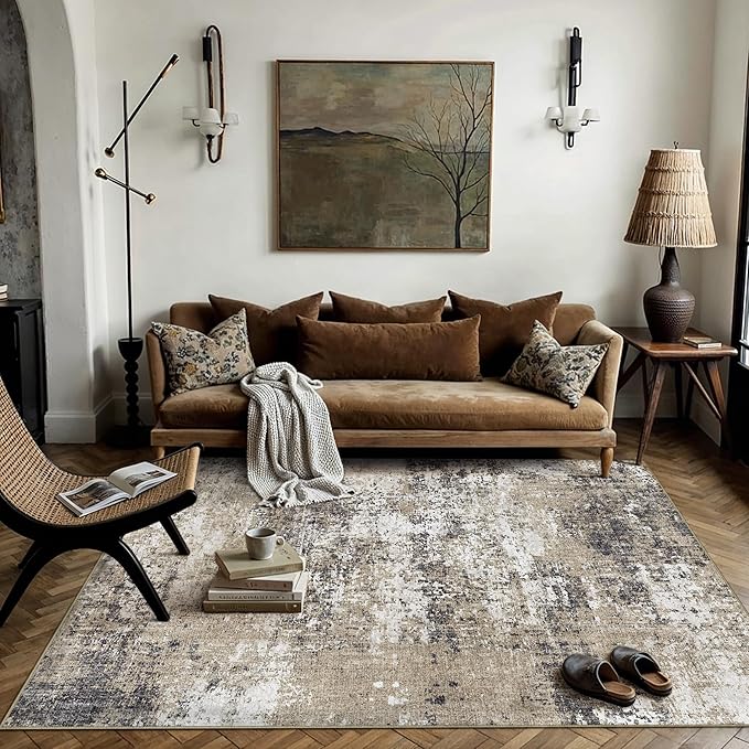 PureCozy 4x6 Abstract Area Rug Brown Washable Modern Neutral Office Carpet Non by PureCozy