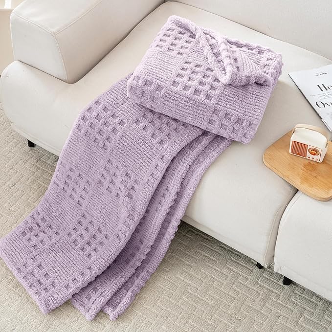 50x70 Inch Waffle Purple Throw Blanket -Fluffy Fleece, Neutral Tan Color - Image 4