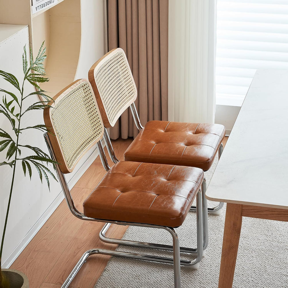 Rattan Cantilever Dining Chair, Single Modern Armless Chair with Chrome Steel...