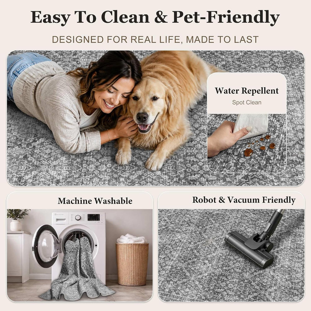 6x9 Rug for Living Room Bedroom NonSlip Vintage Carpet Grey Washable Rugs