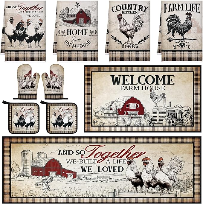 Fourluoo 10 Pcs Barn Chicken Kitchen Dish Towels Rugs Oven Mitts and Pot by Fourluoo