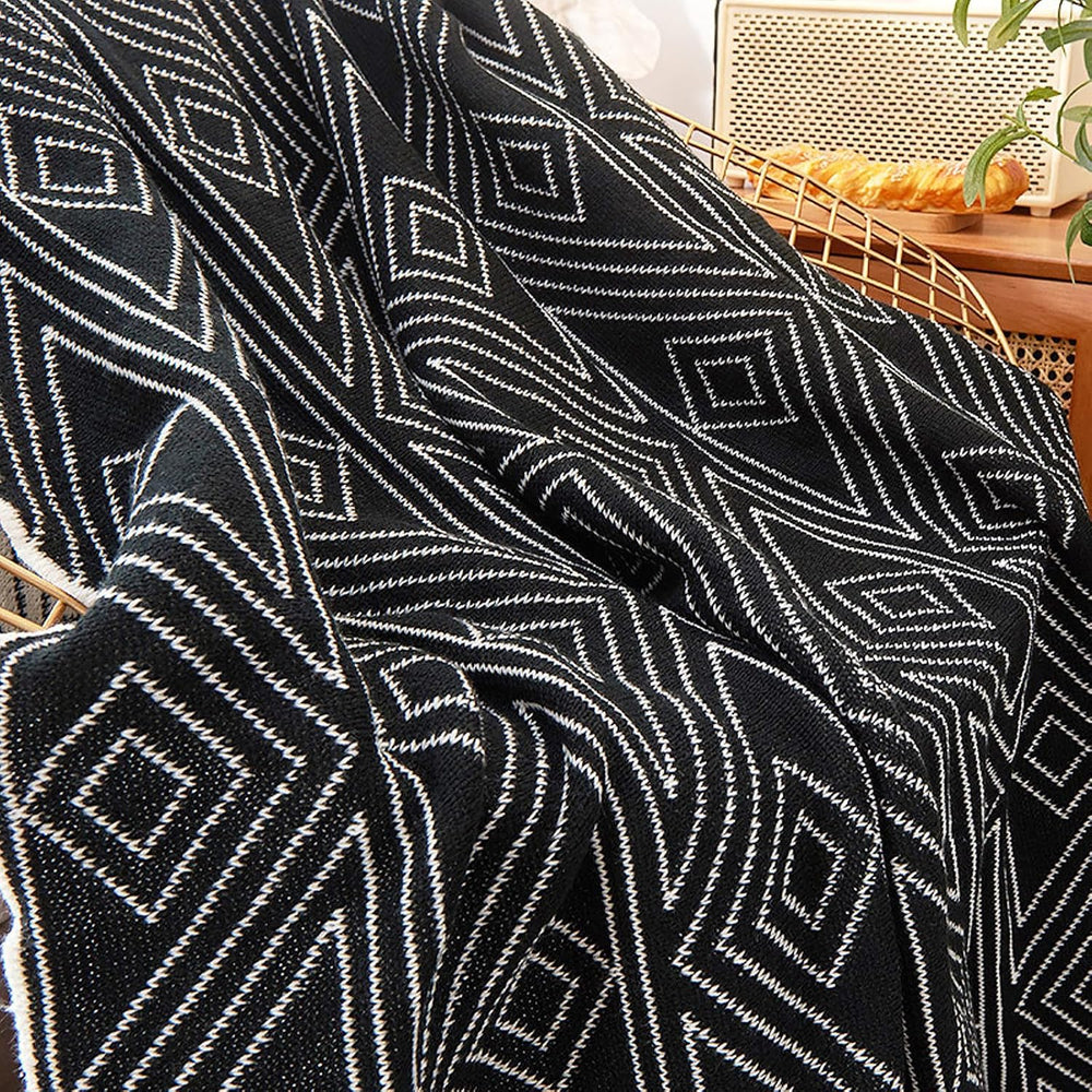 Black and White Throw Blankets Queen Size, Knitted Modern Patterned Throw Bla...