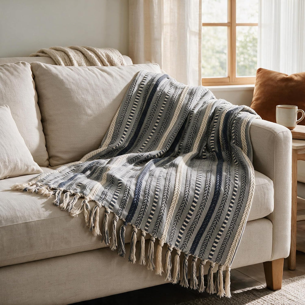Horaldaily Braided Striped Decorative Throw Blanket, Navy Blue Soft Cozy Blan...