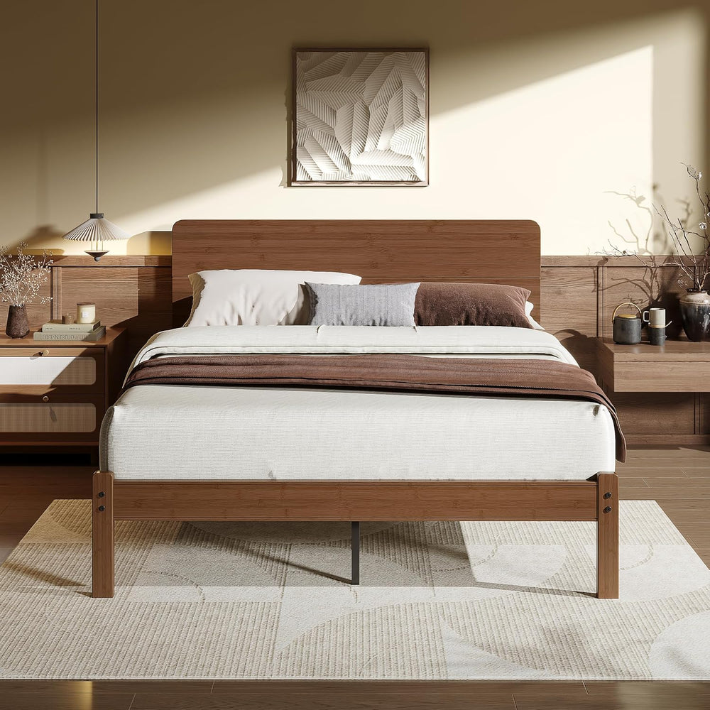 14" Solid Bamboo Wood Queen Bed Frames with Headboard, Brown