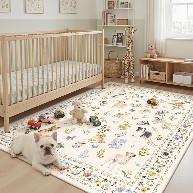 Dog 5x7 Area Rugs for Living Room, Machine Washable Animal Floral Vintage Rug - Image 2