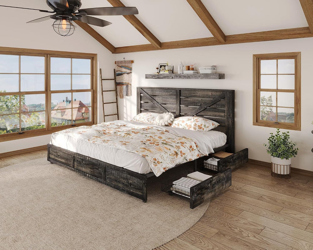 Queen Size Wooden Bed Frame with 4 Storage Drawers