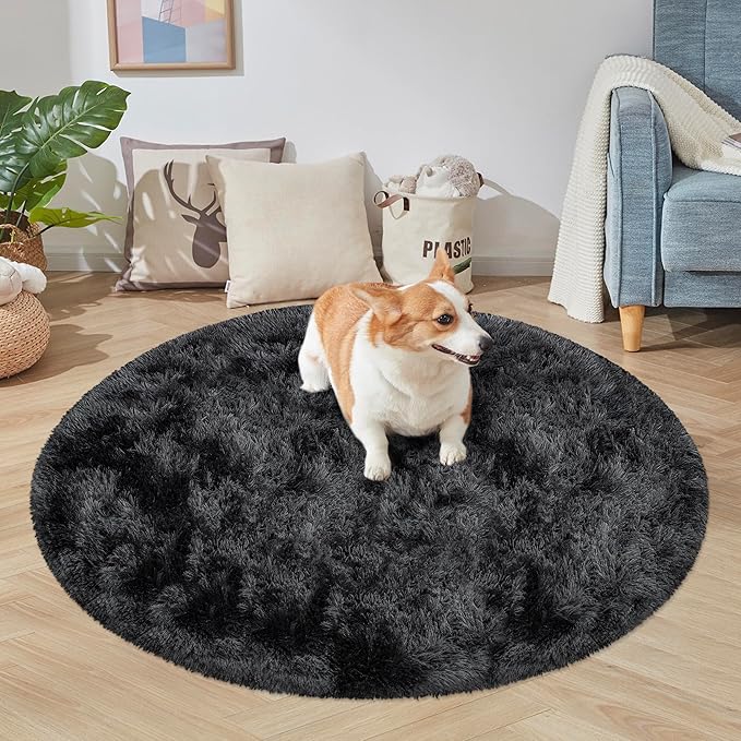 4x4 ft Tie Dye Black Round Rug for Bedroom Room Fluffy Circle Rug Furry Carpet - Image 5