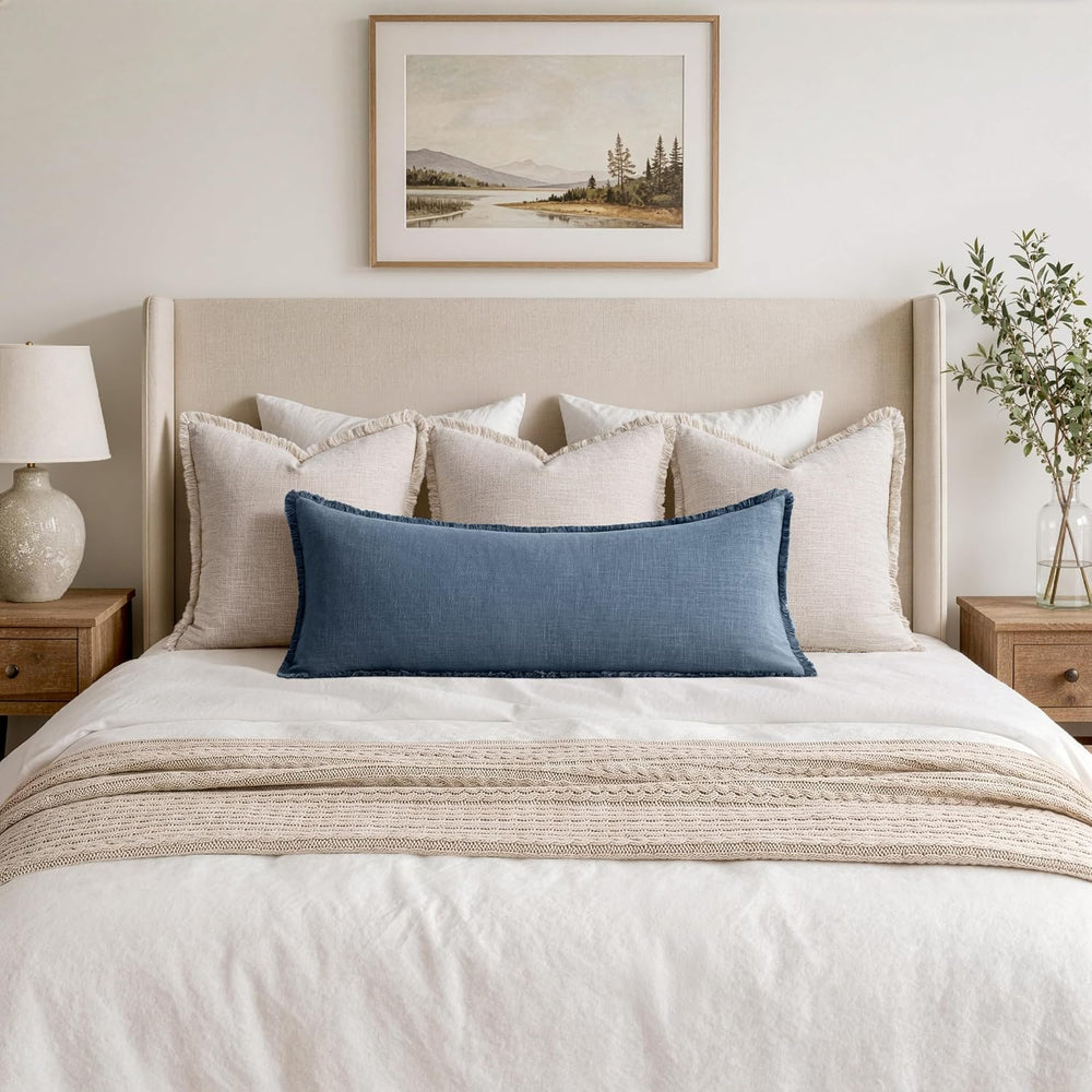 MIULEE 14x36 Long Linen Fringe Lumbar Pillow Covers Set of 1 Blue Ashes