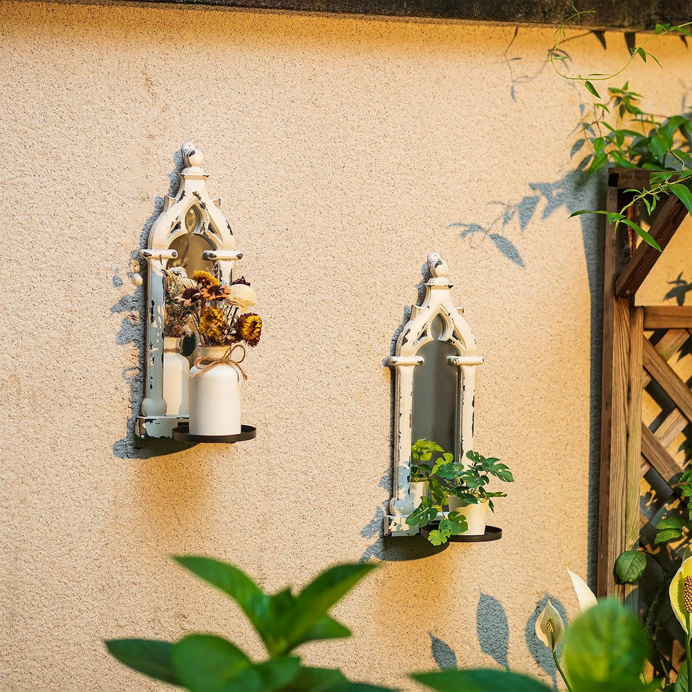 Wall Candle Sconces Set of 2 with Real Mirror, Distressed White