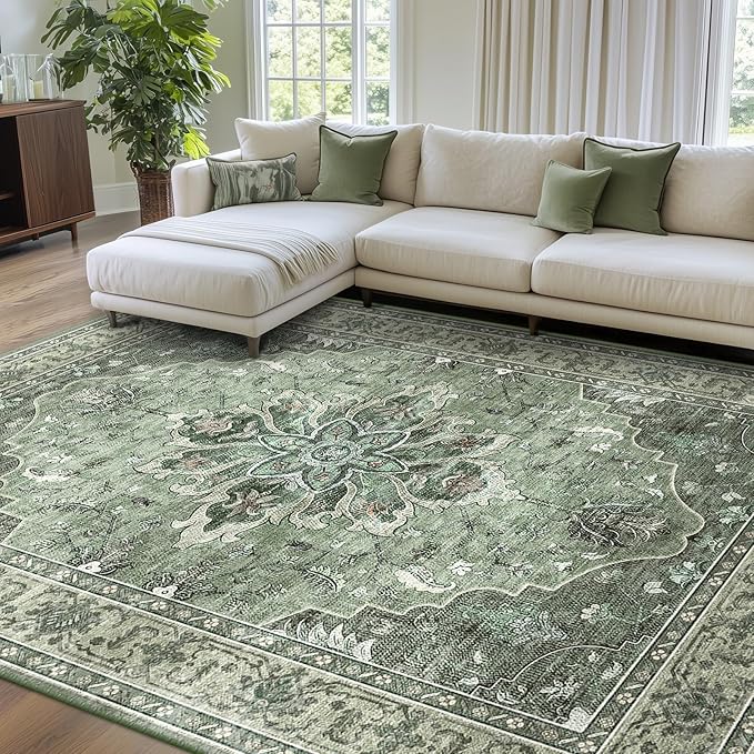 Area Rugs 8'x10' Washable Non-Slip, Floral Vintage Distress Print Pattern by RELEANY