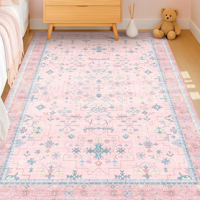 Hazo Haus Pink and Blue Washable 5x8 Living Room Rugs, Boho Aethestic Oushak - Image 8