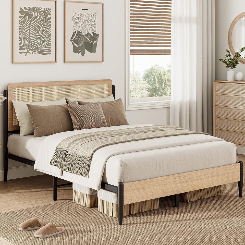 LIKIMIO Natural Rattan Full Size Bed Frame with Wooden Headboard