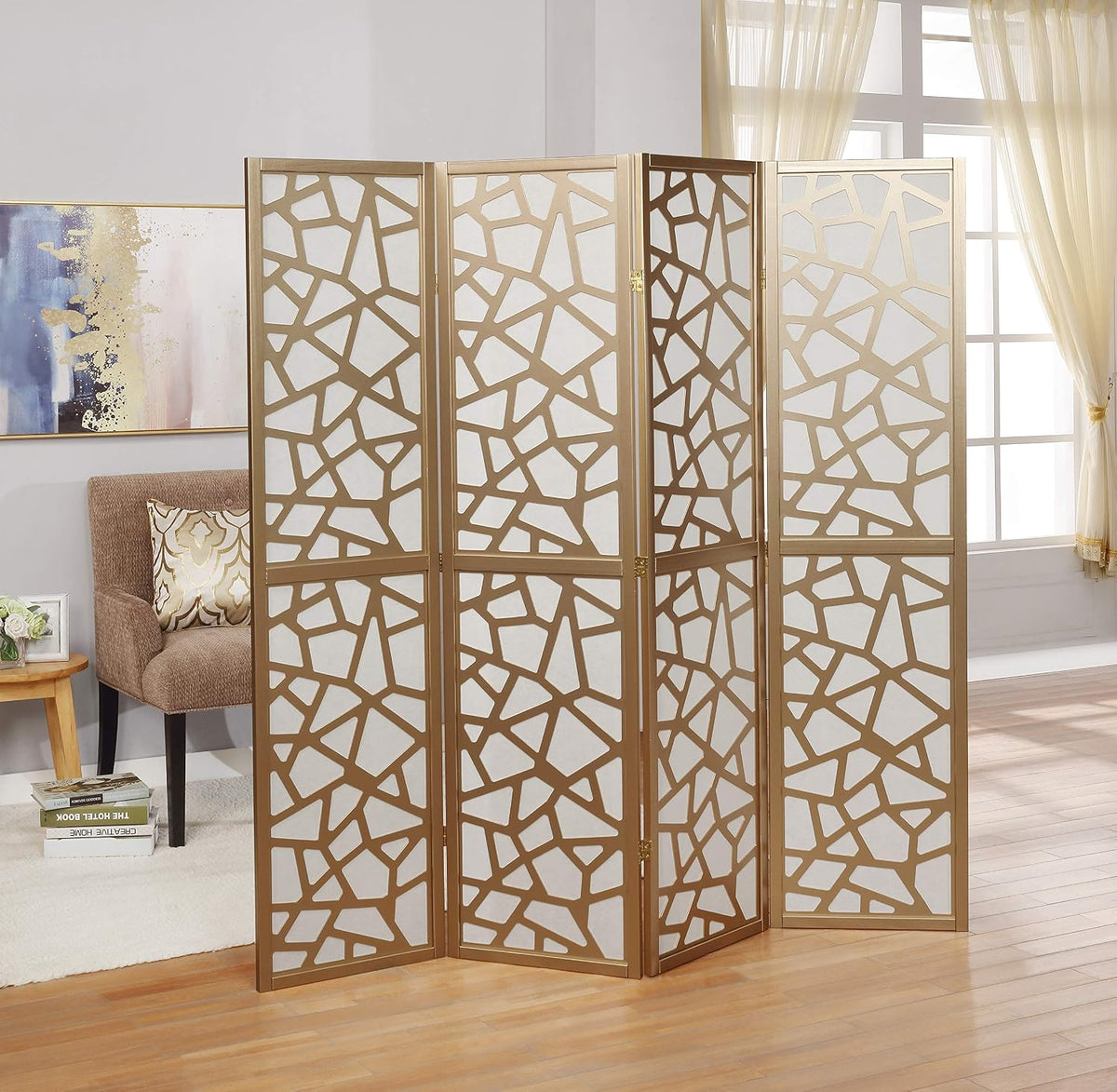 roundhill furniture giyano 4 panel screen room divider shown in use
