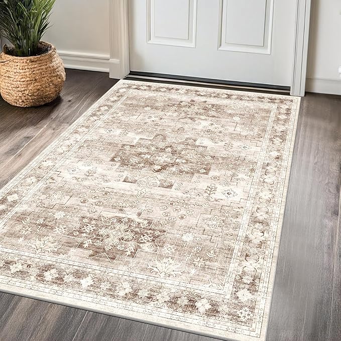 Washable Neutral Farmhouse Large Entryway Rug, 3x4 Area Rugs by HazoHaus