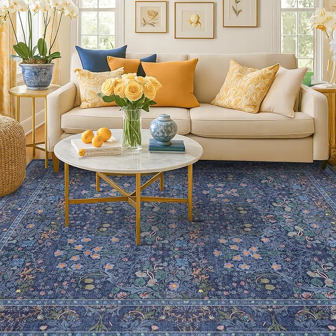 Vintage Dark Blue Living Room Rug 5x8 Area Rug by HazoHaus
