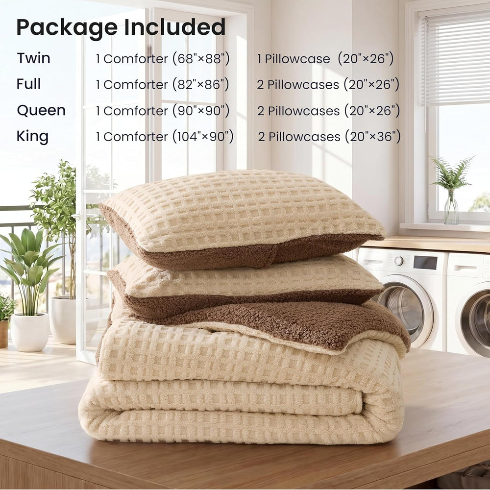Taffeta Sherpa Comforter Set King 3 Pieces,Khaki&Brown