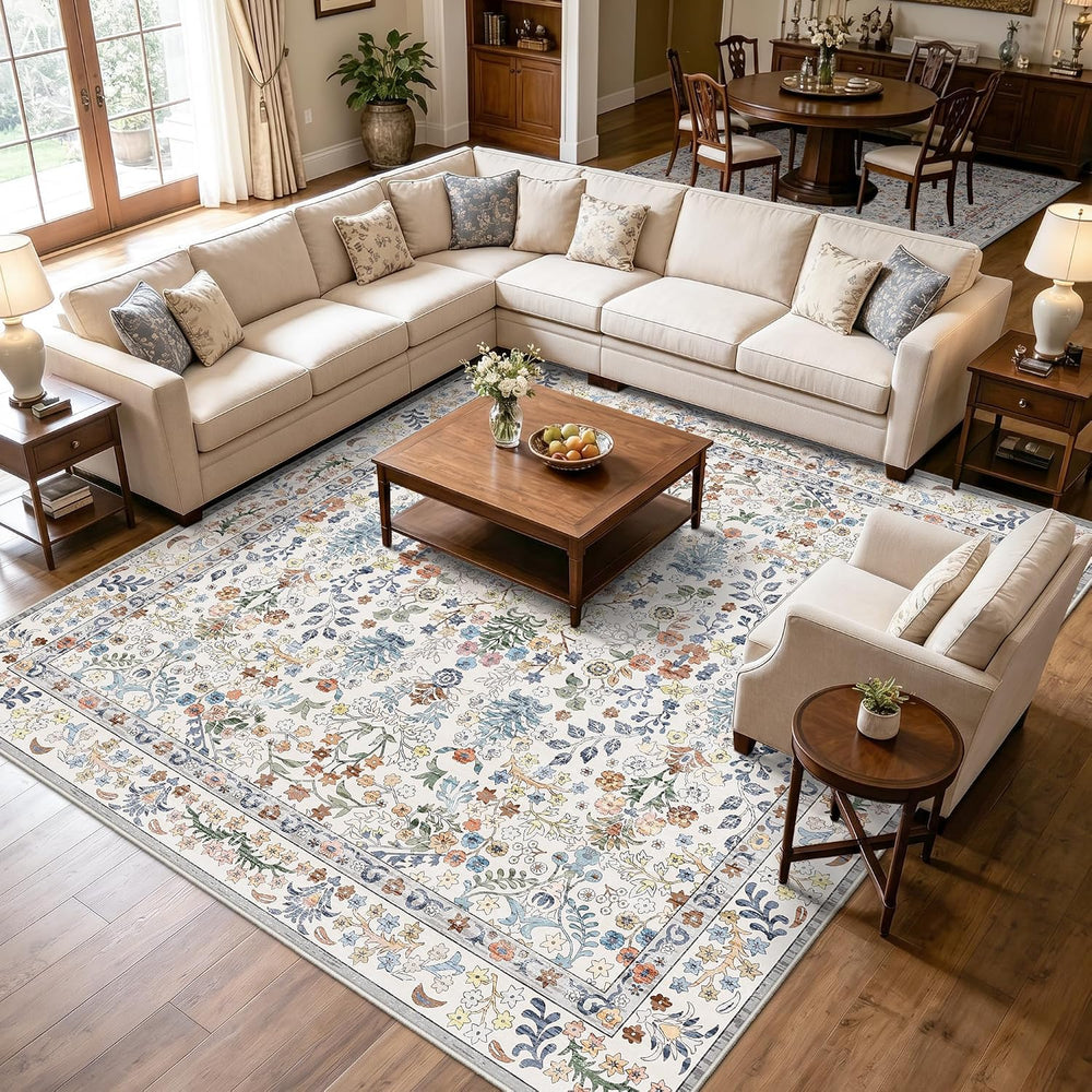 Vintage 8x8 Square Area Rug: Washable Boho Rug Soft Low-Pile Carpet Beige
