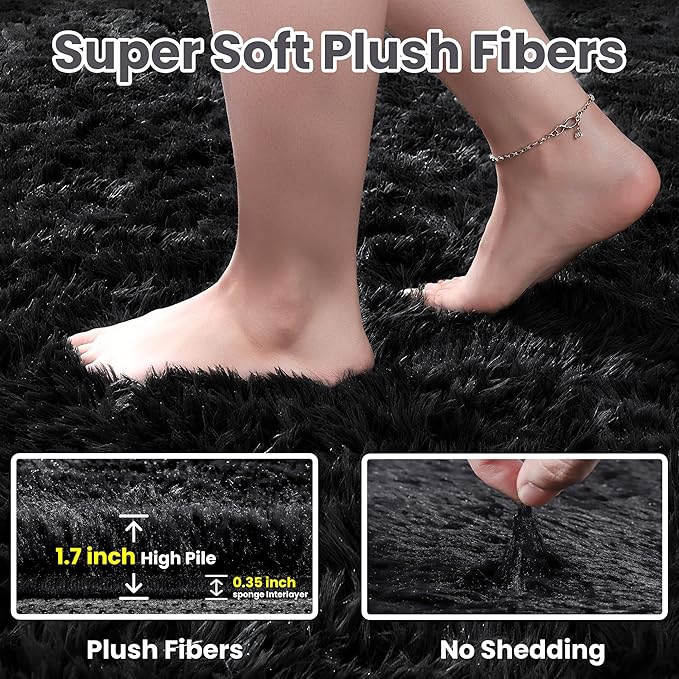 5x7 Area Rugs for Living Room: Ultra Soft Fluffy Shag Black Rug for Bedroom - Image 5