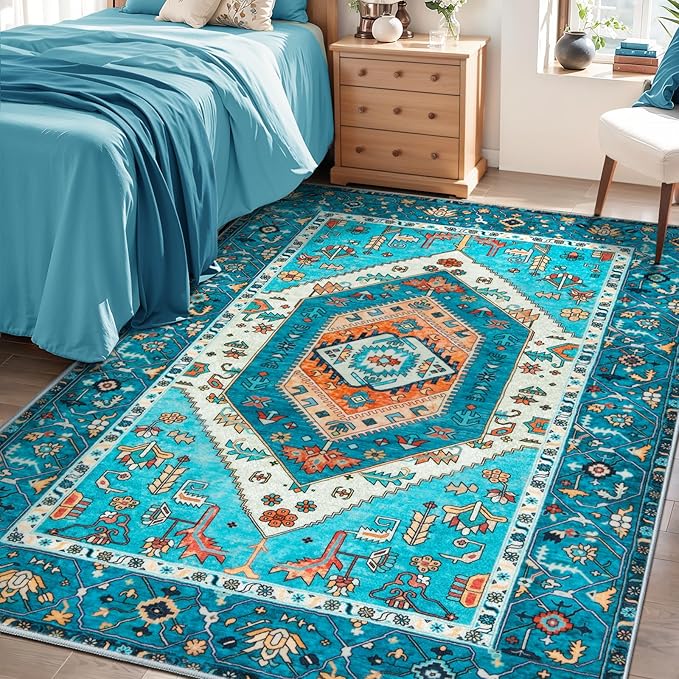 SERISSA 4x6 Boho Bedroom Rug, Washable Non Slip Vintage Blue Area Rugs by SERISSAHomeDecorCollection
