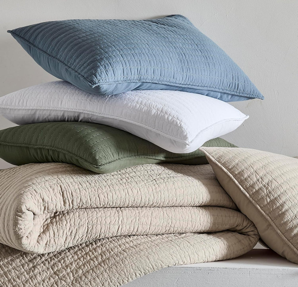 WDCOZY 100% Cotton King Size Quilt Set, Channel Pick Stitch, Olive Green
