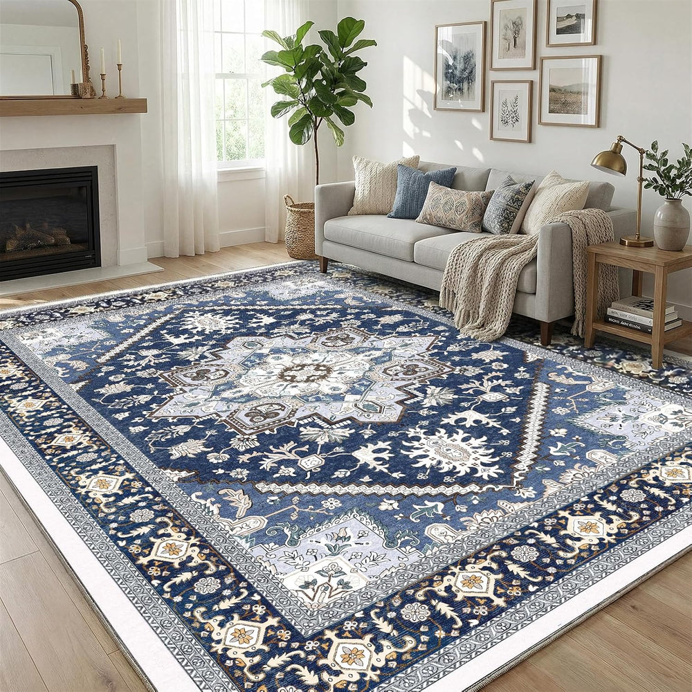 OPPODREAM Soft Area Rugs 9x12, Persian-Inspired Washable Rug, Blue & Gold