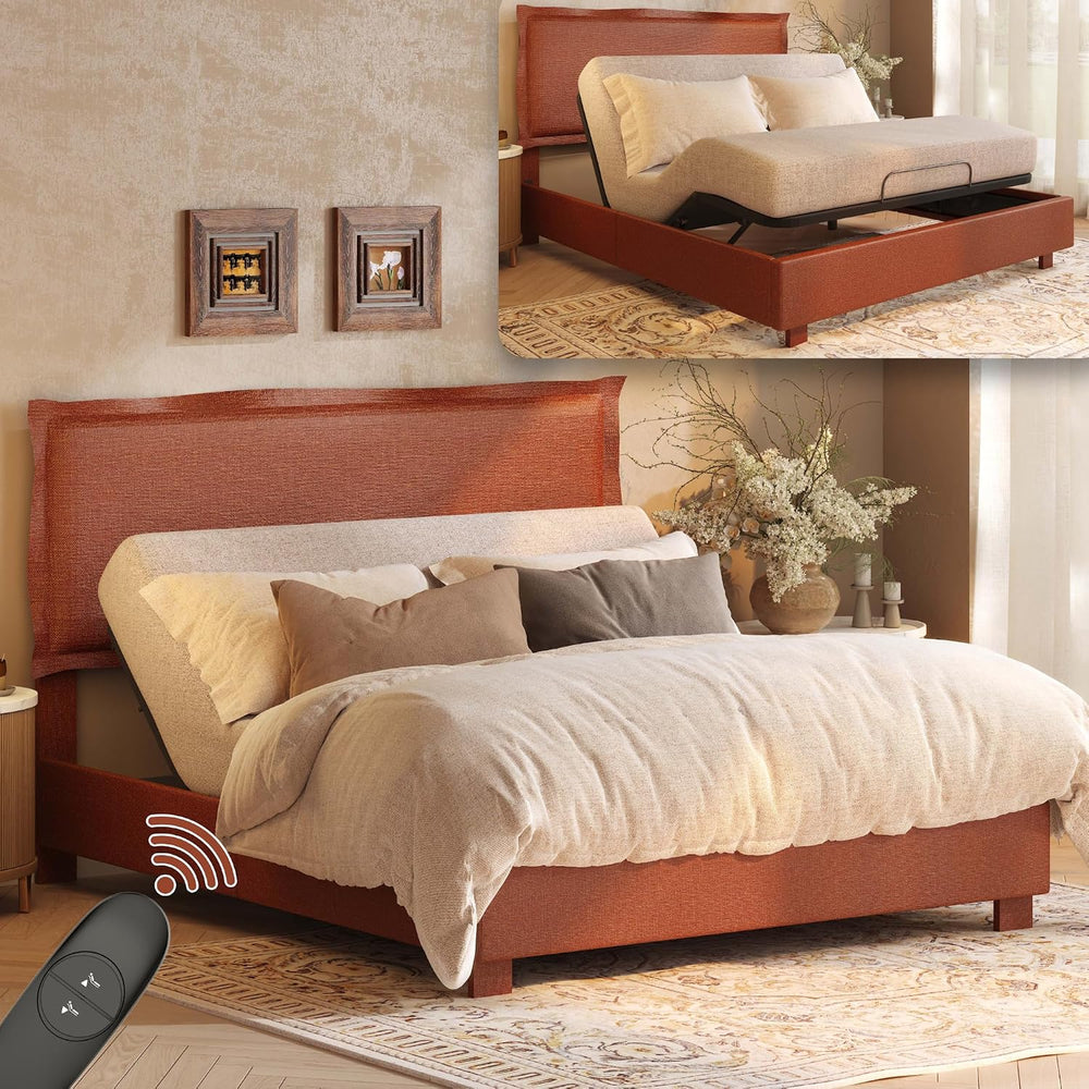 FLEXISPOT All-In-One Adjustable Bed Frame with Upholstered Flange Edge Headbo...