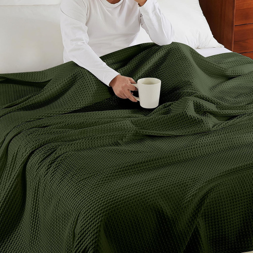 100% Cotton Waffle Throw Blanket for Bed Queen Size Olive Green, 90" x 9...