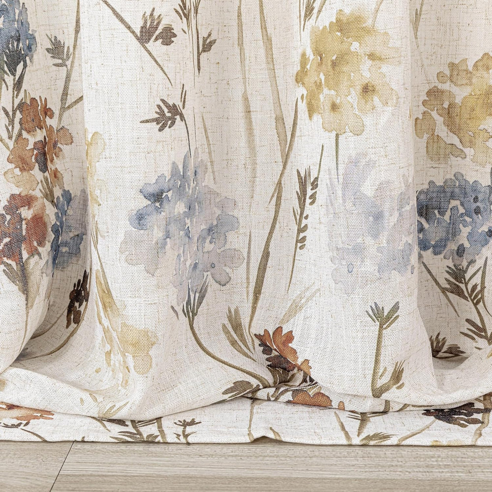 MYSKY HOME Floral Linen Curtains 84 inch Length 2 Panels Set Summer Flower Pa...