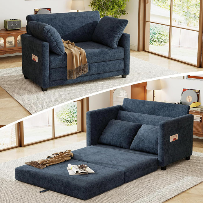 51" Loveseat Sleeper Sofa Bed, Chenille Convertible Floor Sofa Bed for Small Spaces, Folding Couch Bed with Deep Seat, 2 Pillows & Solid Frame, Pull Out Floor Couch for Living Room, Blue