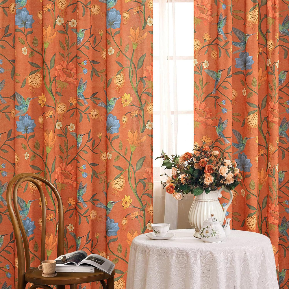 Terracotta Floral Linen Curtains, Boho Whimsical Bird Print Curtains for Bedr...