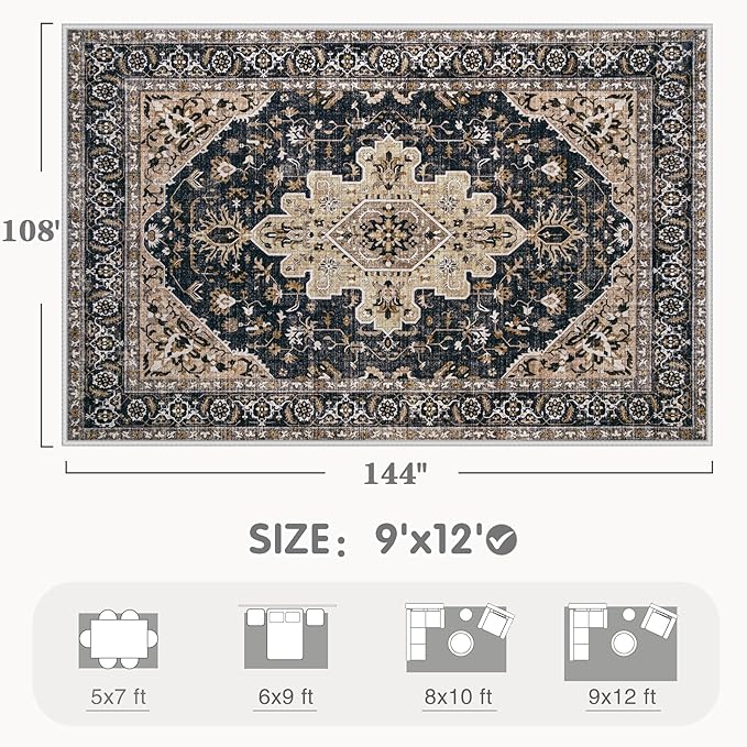 Area Rugs 9x12 Vintage Rug: Large Washable Living Room Rug Retro Medallion - Image 2