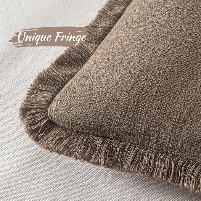MIULEE Decorative Throw Pillow Covers Neutral Linen Fringe Throw Pillows Euro - Image 3