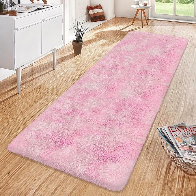 Super Soft Fluffy Living Room Area Rug 2x6 ft Tie-Dyed Light Pink Shaggy Furry - Image 4