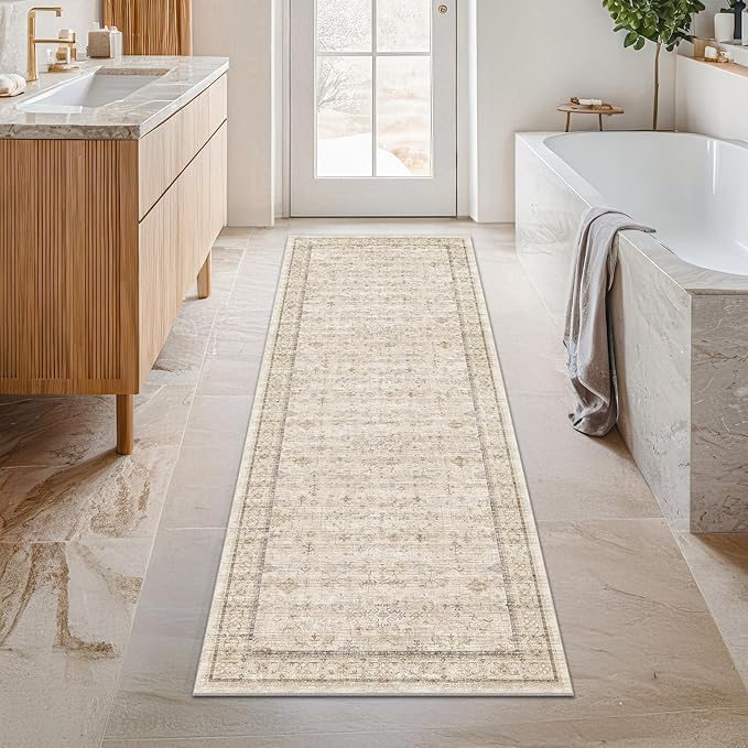 Long Ivory Farmhouse Hallway 2'6''x8' Runner Rug, Washable Non Slip Runner by HazoHaus