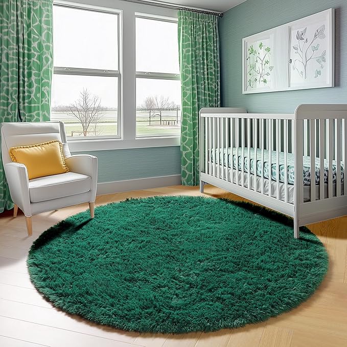 ONASAR Dark Green Round Area Rugs 5ft, Fluffy Soft Bedroom Circle Rug - Image 7