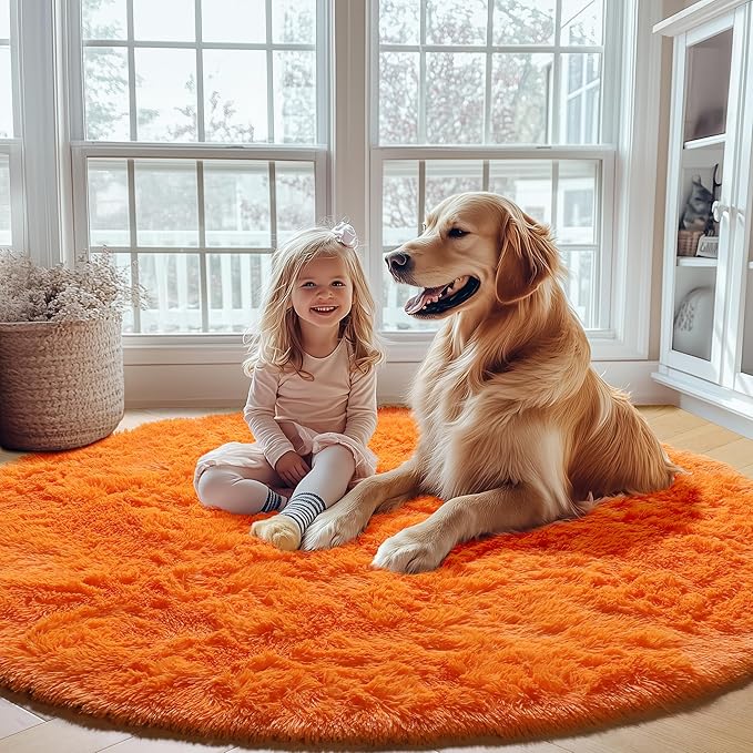 ONASAR Orange Round Rugs 5ft for Bedroom Living Room, Fluffy Circle Area Rug