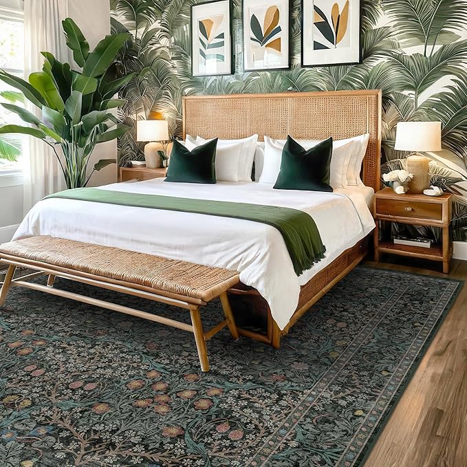 Washable Vintage 5x8 Living Room Rug, Dark Green Floral Area Rug - Image 3