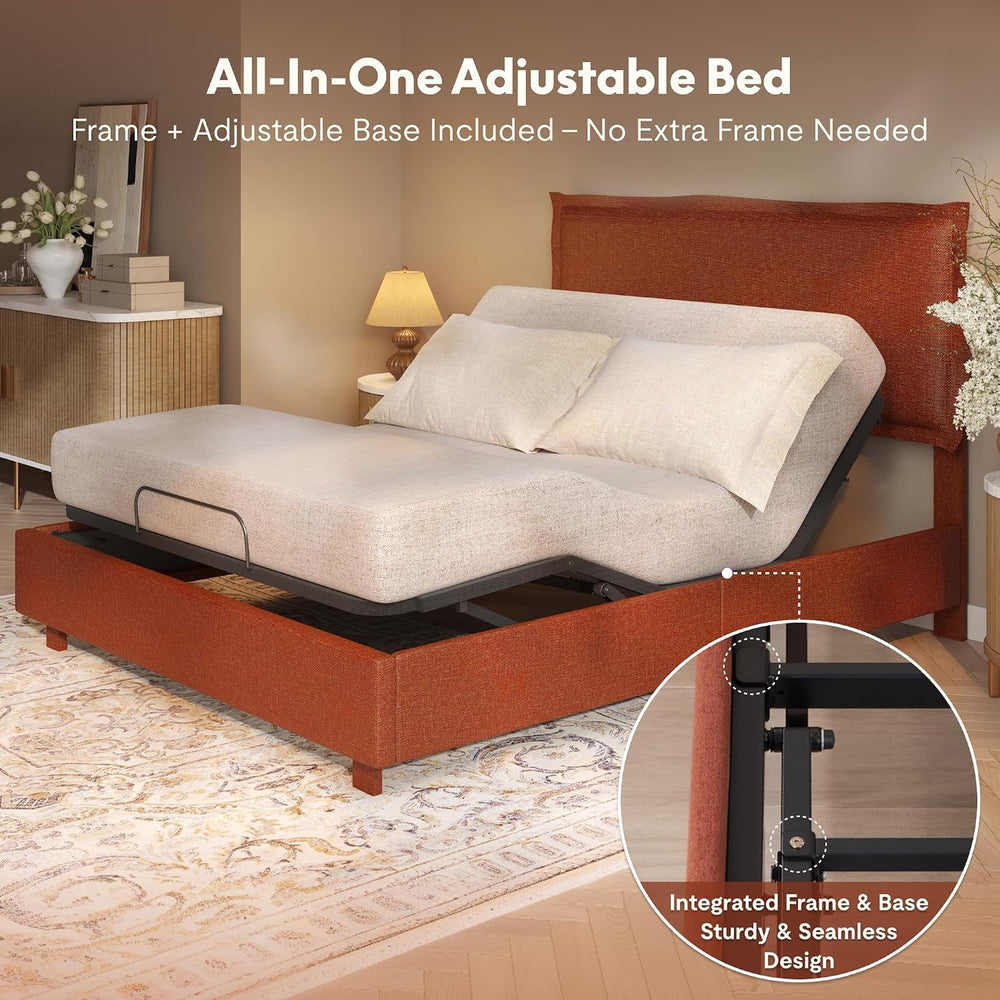 FLEXISPOT All-In-One Adjustable Bed Frame with Upholstered Flange Edge Headbo...