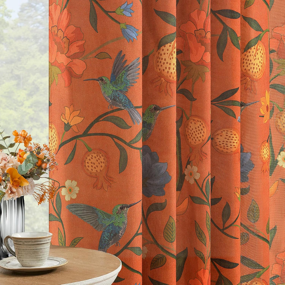 Terracotta Floral Linen Curtains, Boho Whimsical Bird Print Curtains for Bedr...