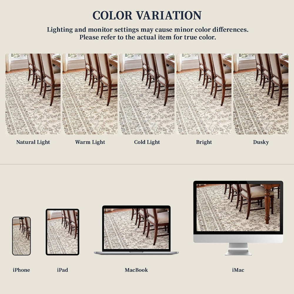 8x10 Washable Area Rug - Ivory Vintage Rug for Living Room Bedroom