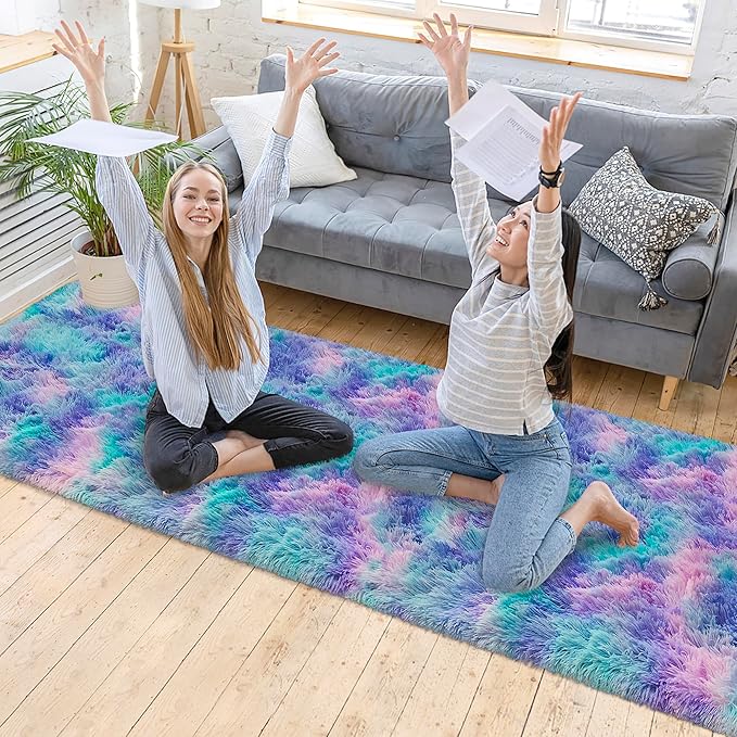 Super Soft Fluffy Living Room Area Rug 2x10 ft Purple Rainbow Tie-Dyed Shaggy - Image 2