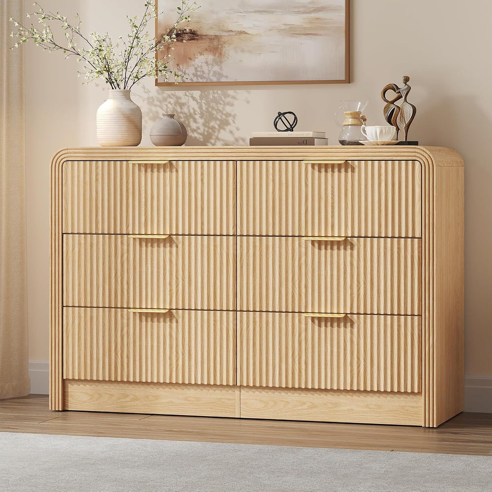 Decofy 47" W Fluted 6-Drawer Dresser for Bedroom, Natural Oak