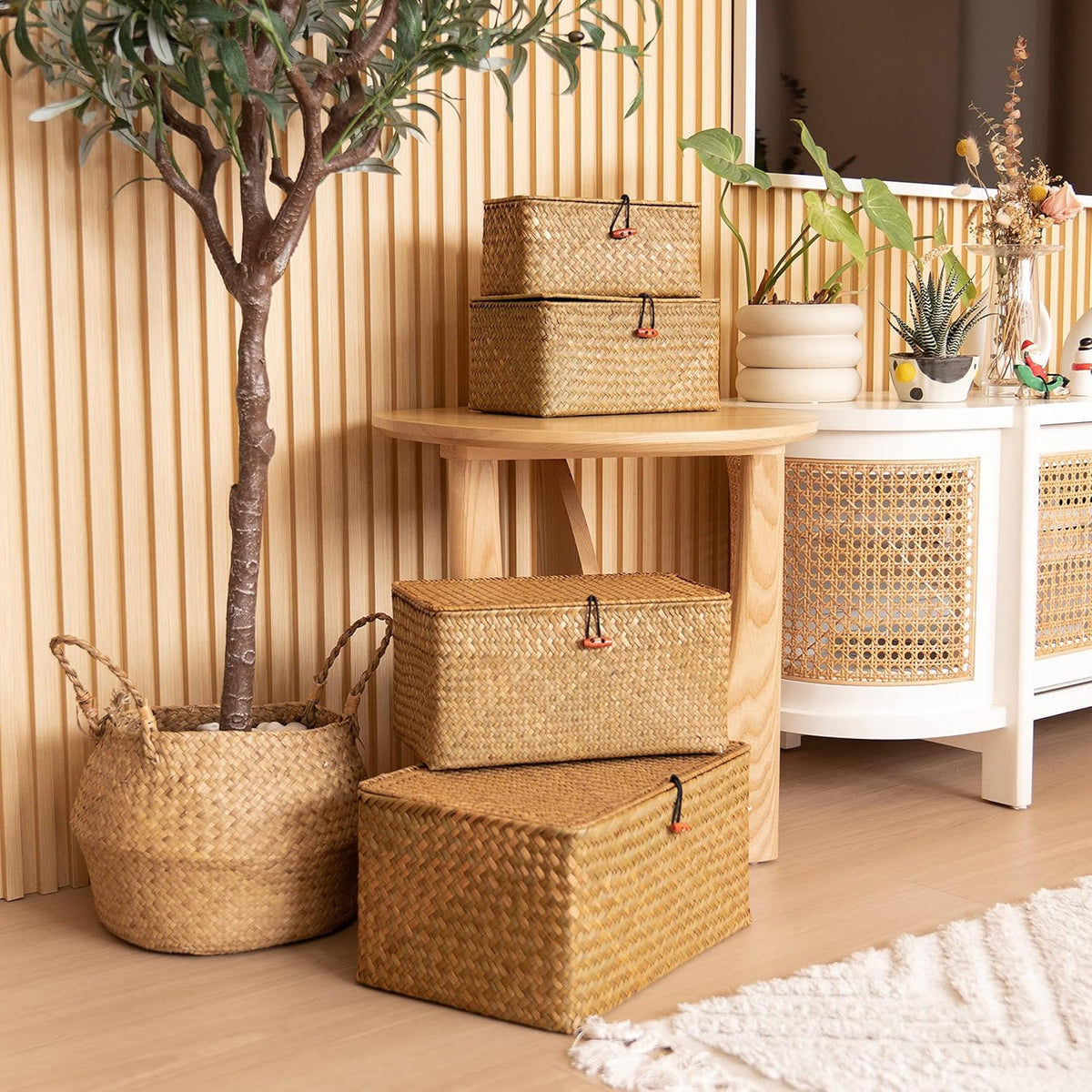 wicker baskets with lids, natural seagrass storage baskets shown in use