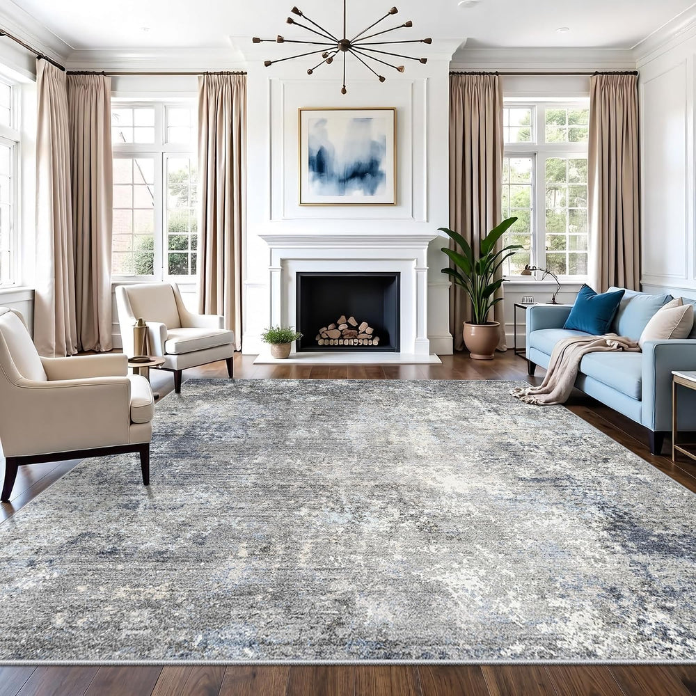 12x12 Square Area Rug for Living Room, Washable Modern Rug, Blue Grey