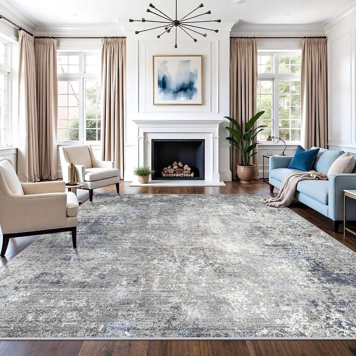 12x12 Square Area Rug for Living Room, Washable Modern Rug, Blue Grey