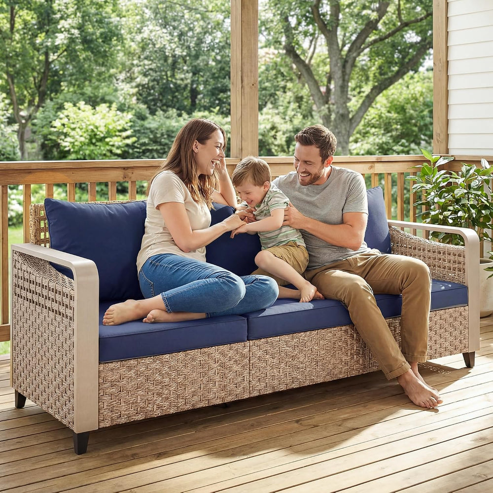 Outsunny Outdoor Patio Couch Wide Deep Seat 3 Seater Wicker Dark Blue